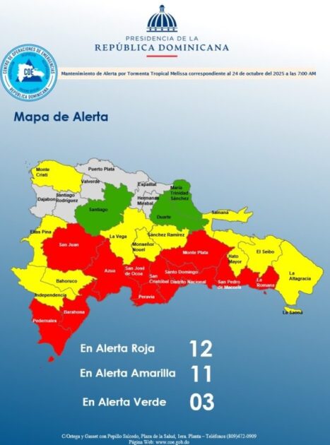 @COE_RD INFORME DE SITUACION NO. 7 Tormenta Tropical Melissa VIERNES 24.10.2025 | PROVINCIAS  Y TIPO DE ALERTA