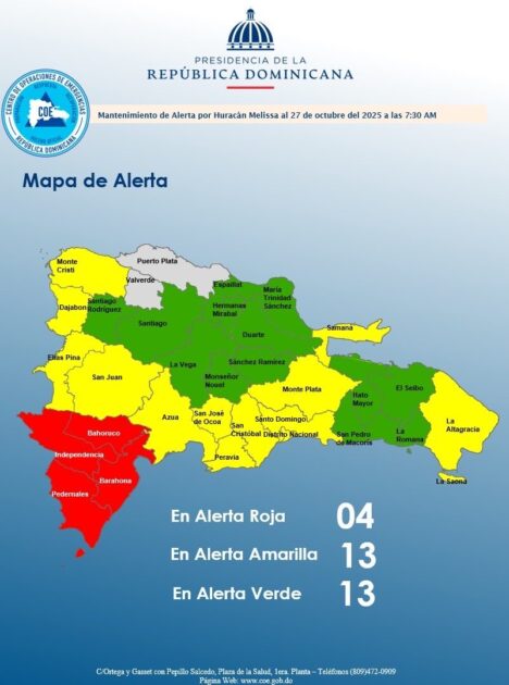 @COE_RD mantiene cuatro provincias en alerta roja, 13 en alerta amarilla, y 13 en verde. Detalle Provincias |HURACAN MELISSA