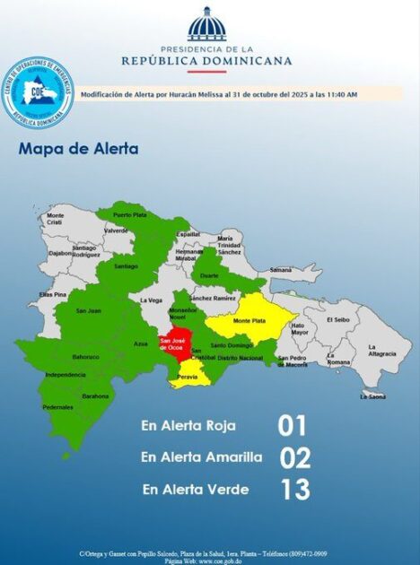 @COE_RD mantiene 01 provincia en alerta roja, 02 en amarilla y 12 y el Distrito Nacional en verde, debido a que el Huracán Melissa