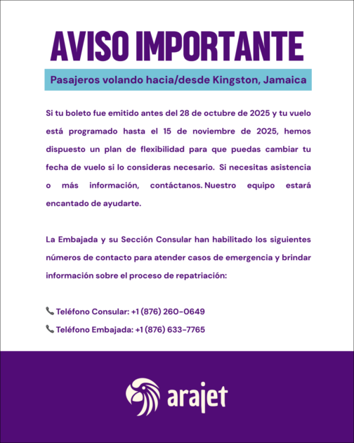 COMUNICADO IMPORTANTE @arajetairlines: En coordinación con el Gobierno de RD, hemos dispuesto vuelos humanitarios gratuitos desde Kingston, Jamaica hacia Santo Domingo