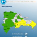 @COE_RD mantiene 08 provincias y al Distrito Nacional en alerta amarilla y 14 en verde, debido al tránsito de una onda tropical más la incidencia de una vaguada en los niveles altos de la troposfera, seguirán los aguaceros con tormentas eléctricas y ráfagas de viento