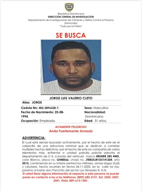 @PoliciaRD Policía Nacional identifica presunto cabecilla de grupo criminal que atacó a tiros a agentes en Los Girasoles