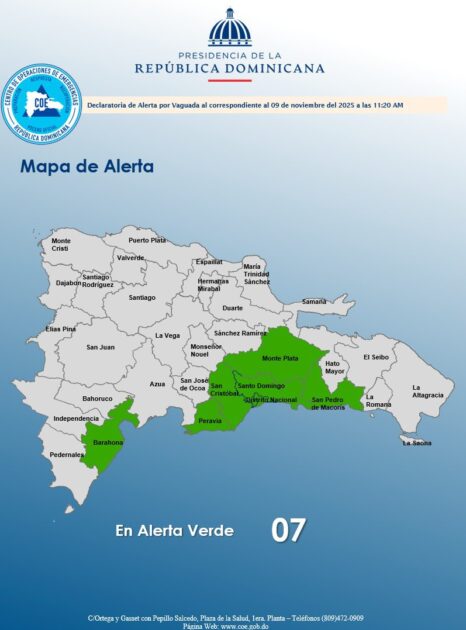 @COE_RD coloca 06 provincias y al Distrito Nacional en alerta verde, debido a que el informe del INDOMET, establece que una vaguada comenzará a incidir durante la tarde incrementando las precipitaciones, localmente moderadas a fuertes, con tormentas eléctricas y ráfagas de viento