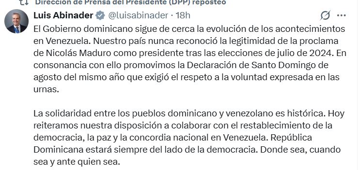 Gobierno dominicano sigue de cerca la evolución de los acontecimientos en Venezuela: @dpprdo @luisabinader @PRM_Oficial