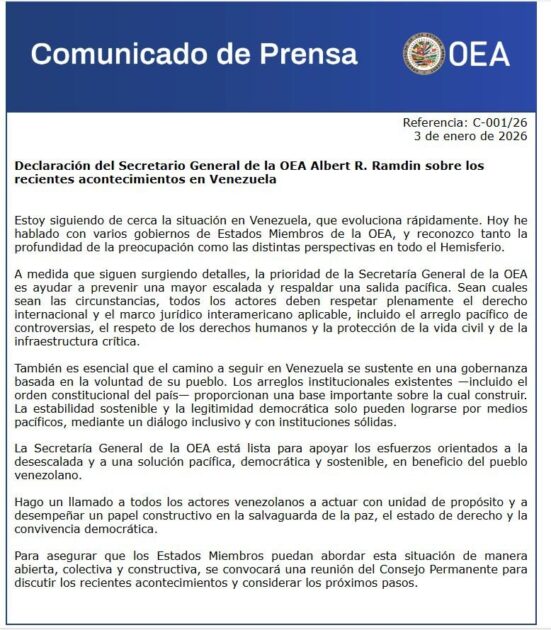 @OEA_Oficial Declaración del Secretario General de la OEA Albert R. Ramdin sobre los recientes acontecimientos en Venezuela