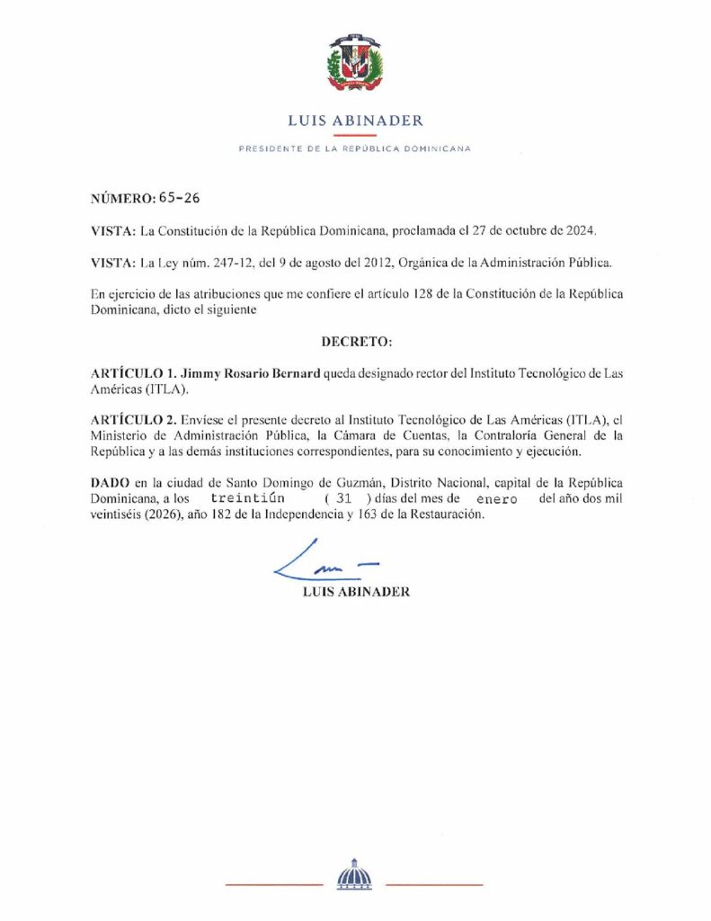 Decretos 65-26 emitido por el Presidente @LuisAbinader @PRM_Oficial