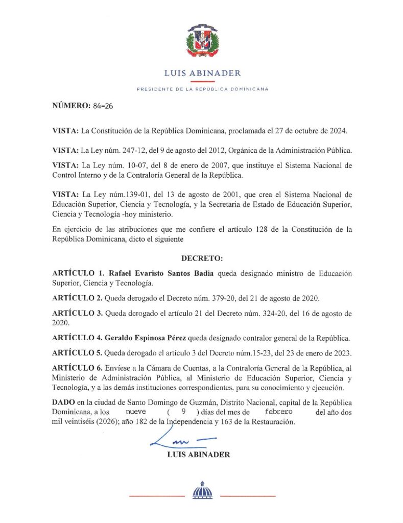 Decretos 84-26 emitido por el Presidente @LuisAbinader @PRM_Oficial