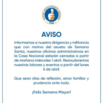 COMUNICADO @PRM_Oficial| Informa el cierre oficinas en la Casa Nacional por Semana Santa ¡Feliz Semana Mayor!