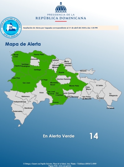 El COE mantiene 14 provincias en alerta verde