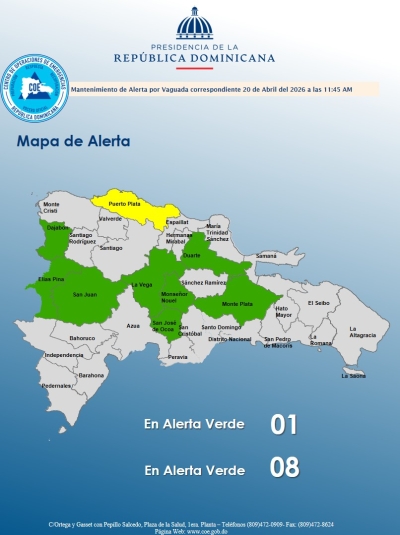 El COE mantiene 01 provincia en alerta amarilla y 08 en verde