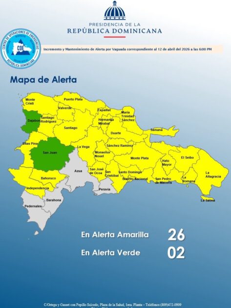 @COE_RD mantiene 25 provincias el Distrito Nacional en alerta amarilla y 02 en verde