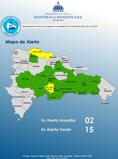 El COE mantiene 02 provincias en alerta amarilla y 14 y el Distrito Nacional en verde