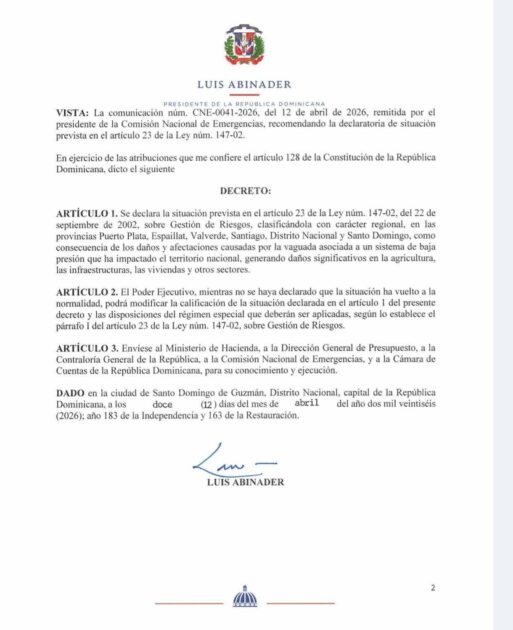 @LuisAbinader declaró estado de emergencia, en 5 provincias y el Distrito Nacional por daños causados por las lluvias mediante el Decreto 234-26