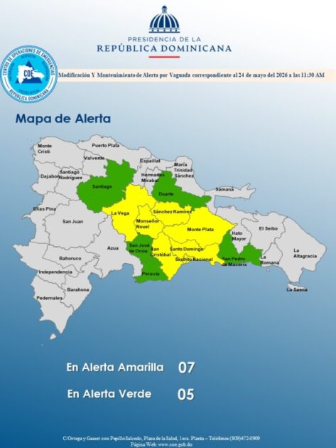 El COE aumenta 06 provincias y el Distrito Nacional en alerta amarilla y mantiene 05 en verde