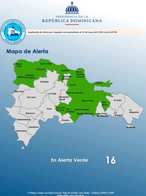 El COE amplía 15 provincias y el Distrito Nacional en alerta verde