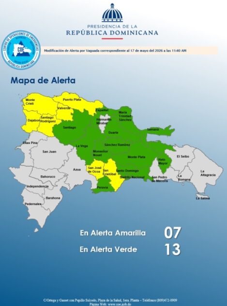 El COE coloca 07 provincias en alerta amarilla y mantiene 12 y el Distrito Nacional en verde
