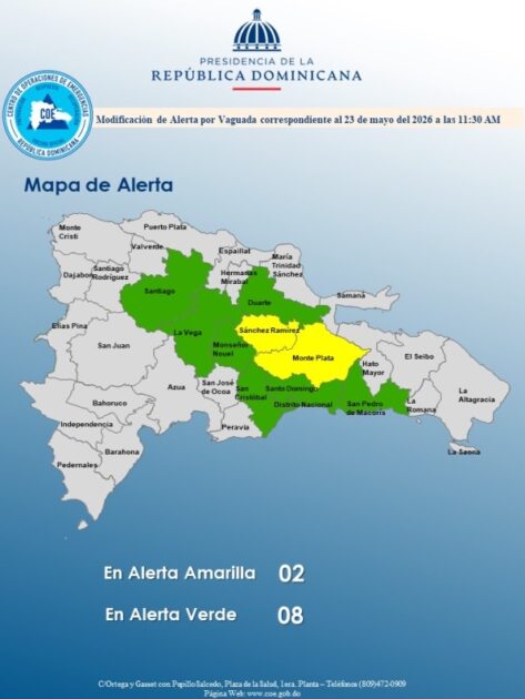 El COE coloca 02 provincias en alerta amarilla y mantiene 07 y el Distrito Nacional en verde