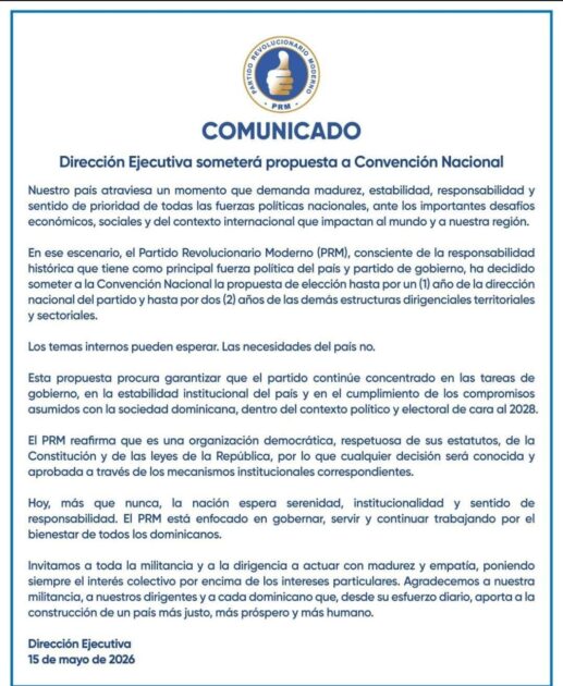 [COMUNICADO] Dirección Ejecutiva  @PRM_Oficial someterá propuesta a Convención Nacional (15 de Mayo 2026)