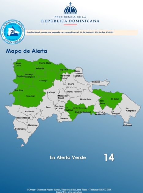 El COE aumenta a 13 provincia y el Distrito Nacional en alerta verde