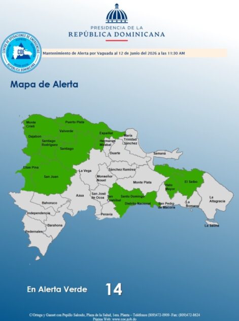 El COE mantiene 13 provincia y el Distrito Nacional en alerta verde