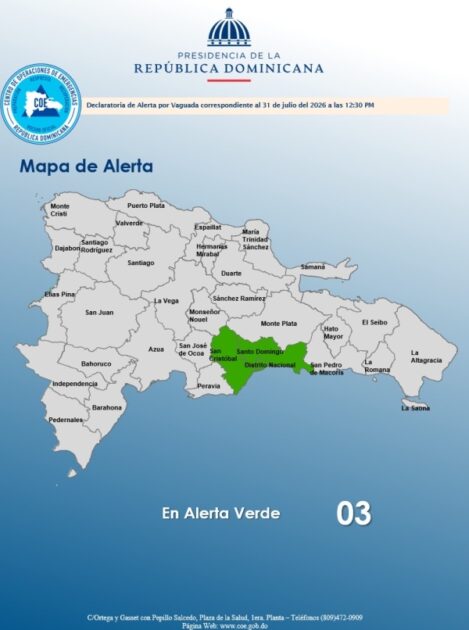 El COE coloca 02 provincias y el Distrito Nacional en alerta verde, debido a que el informe del INDOMET