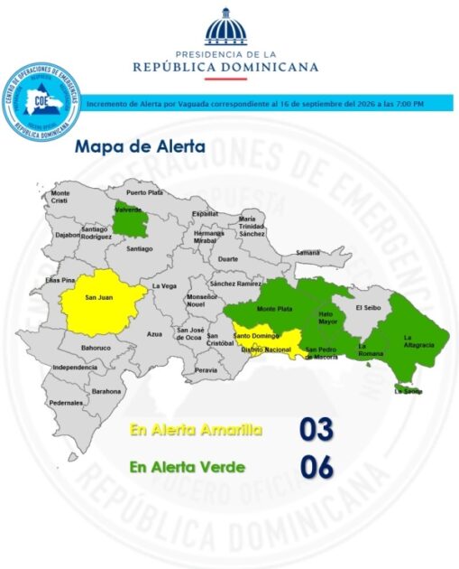 El COE aumenta 02 provincia y el Distrito Naciona en alerta amarilla y coloca 06 provincias en alerta verde, debido al informe del INDOMET
