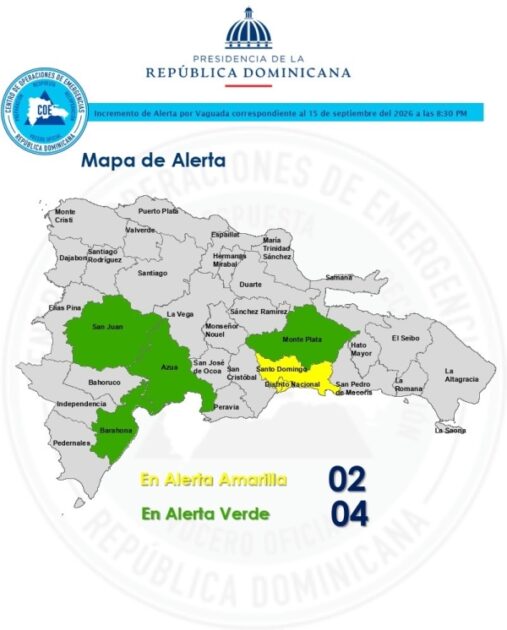 El COE aumenta 1 provincia en alerta amarilla y el Distrito Nacional y mantiene 04 alerta verde, debido al informe del INDOMET